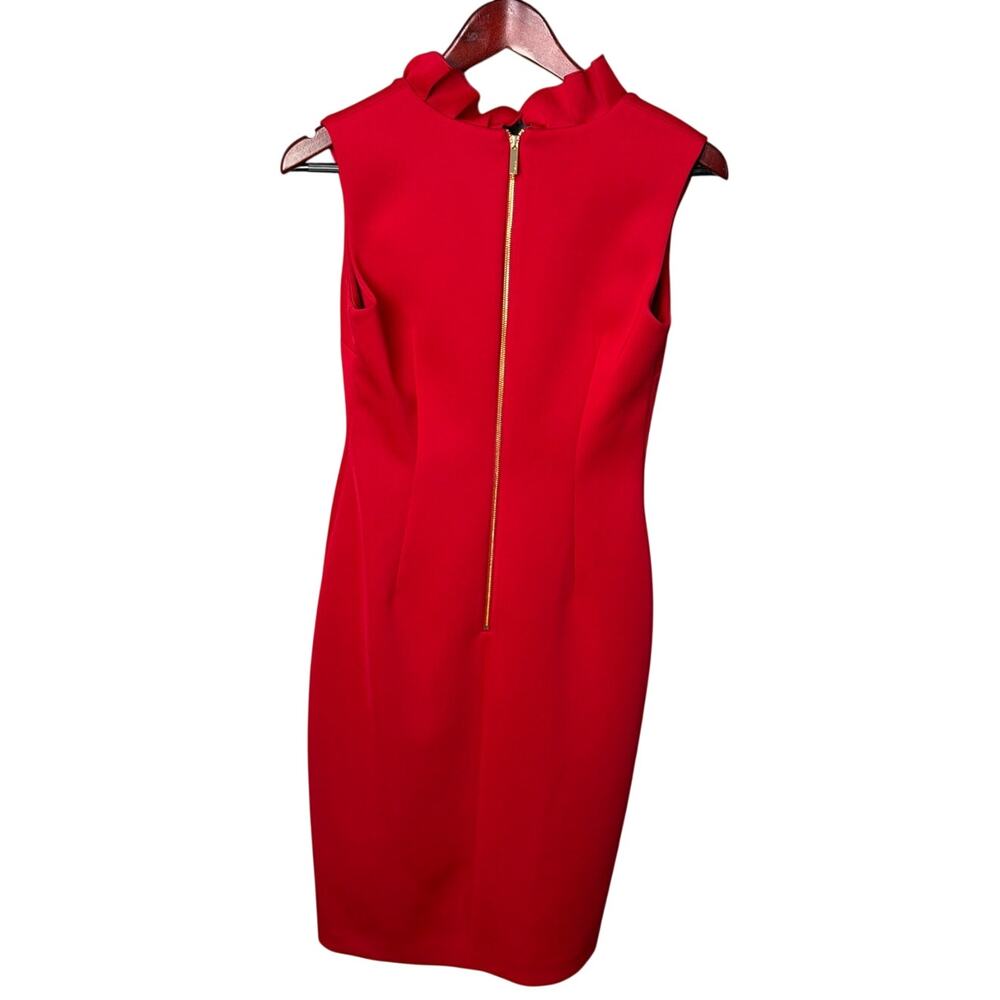 Calvin Klein Red Scuba Knit Dress Ruffle V-Neck Sleeveless Officesiren Staple 4 - Picture 3 of 9